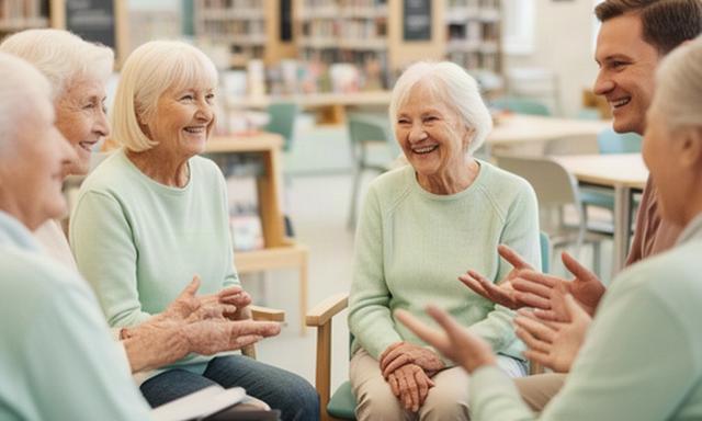 Smaidīgi seniori un digitālās drošības treneri sarunājas gaišā bibliotēkas telpā